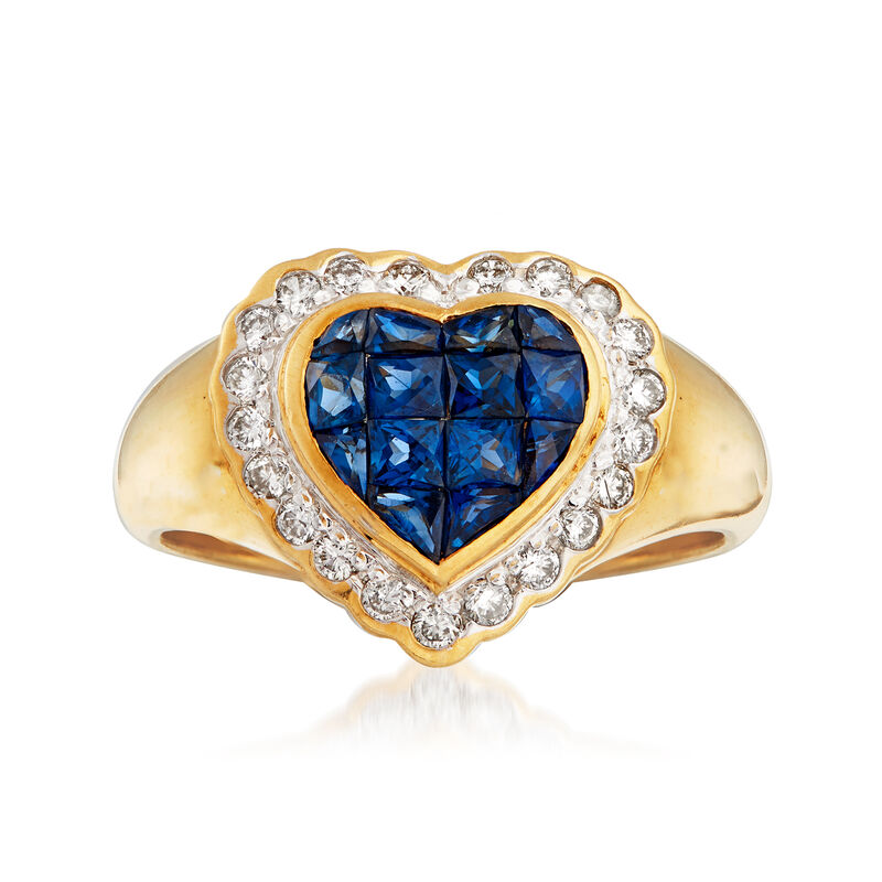 C. 1980 Vintage .75 ct. t.w. Sapphire and .25 ct. t.w. Diamond Heart Ring in 18kt Yellow Gold. Size 7.5 image number 0