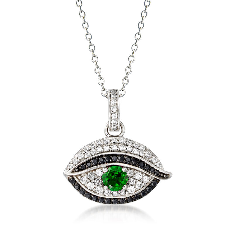 .40 Carat Green Chrome Diopside, .40 ct. t.w. White Zircon and .10 ct. t.w. Black Spinel Evil Eye Pendant Necklace in Sterling Silver. 18&quot; image number 1