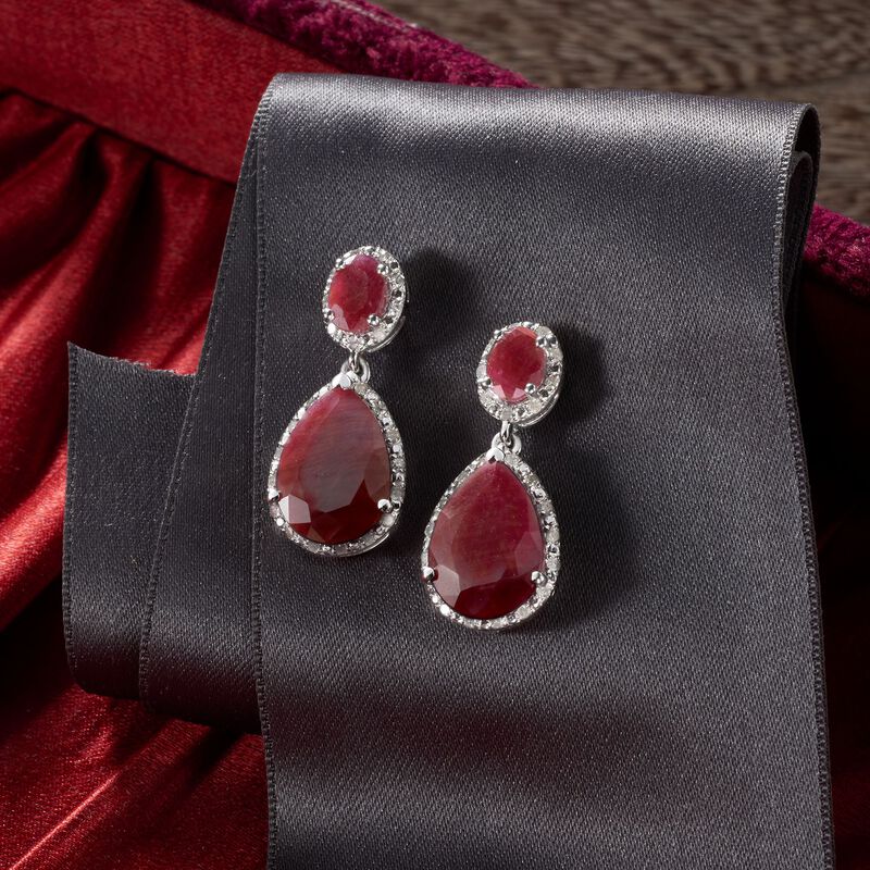 12.90 ct. t.w. Ruby and .35 ct. t.w. Diamond Drop Earrings in Sterling Silver image number 2