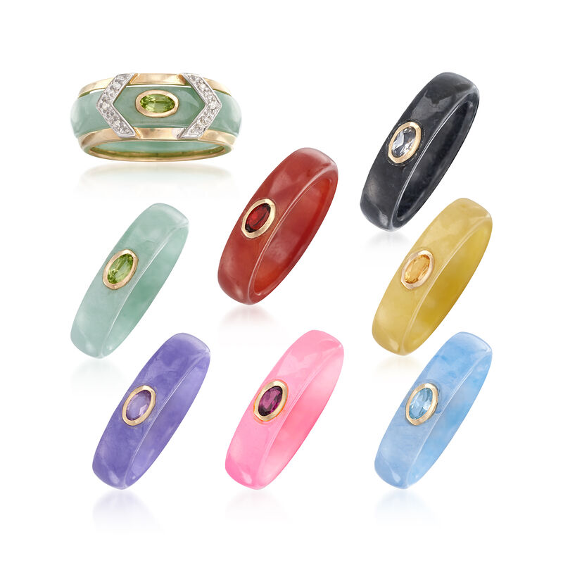 Multicolored Jade and Multi-Stone Jewelry Set: Seven Bands with Diamond-Accented 14kt Gold Ring Jacket image number 0