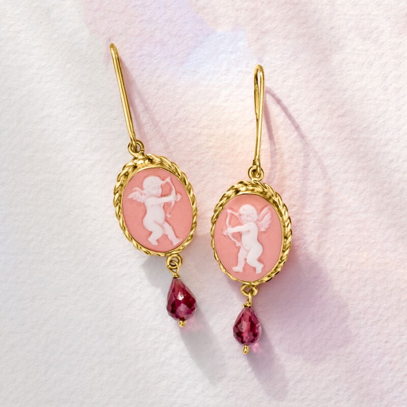 Italian Pink Porcelain Cupid Cameo Drop Earrings with 4.00 ct. t.w. Rhodolite Garnets in 18kt Gold Over Sterling image number 2
