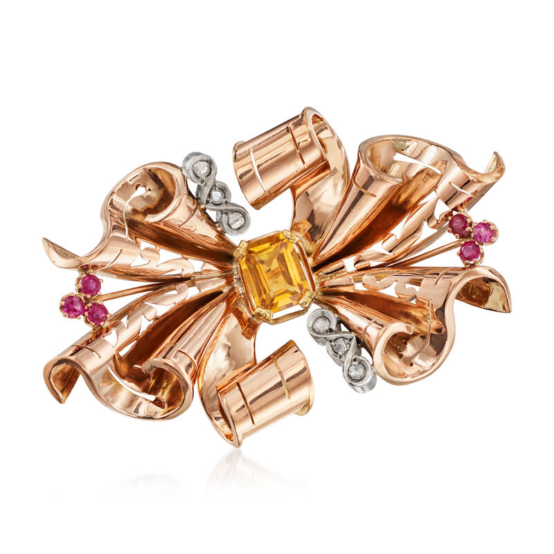 C. 1940 Vintage 1.50 Carat Citrine Bow Pin with .50 ct. t.w. Rubies and .15 ct. t.w. Diamonds in 18kt Rose Gold  image number 0
