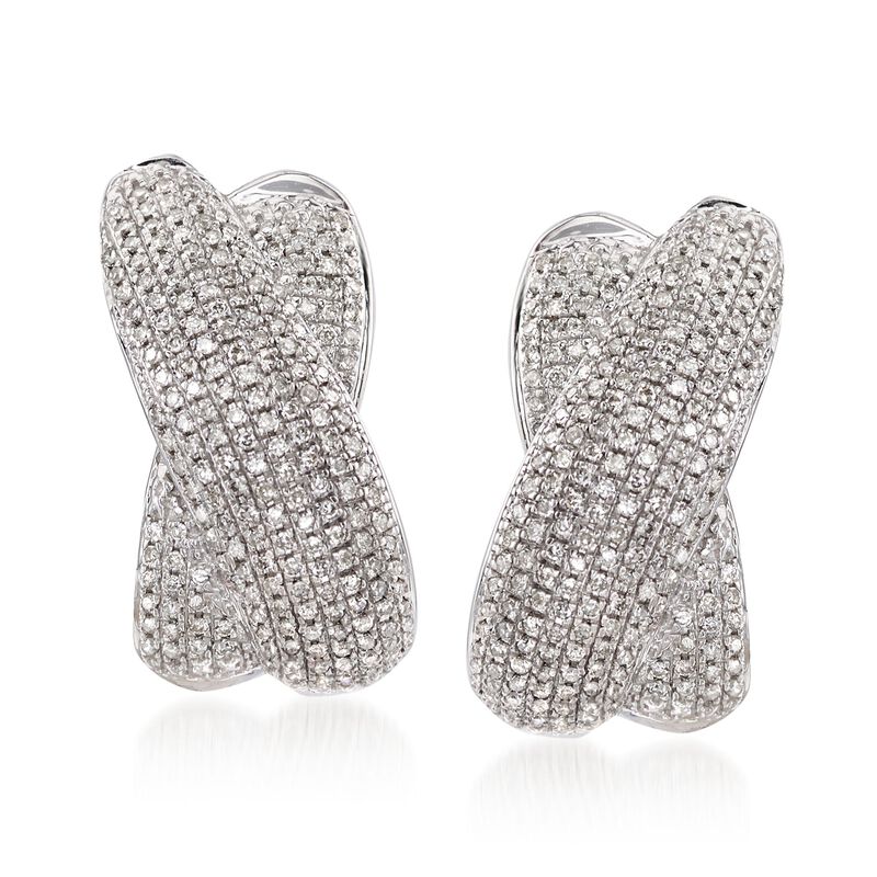 1.00 ct. t.w. Pave Diamond Crisscross J-Hoop Earrings in Sterling Silver. 7/8&quot; image number 0
