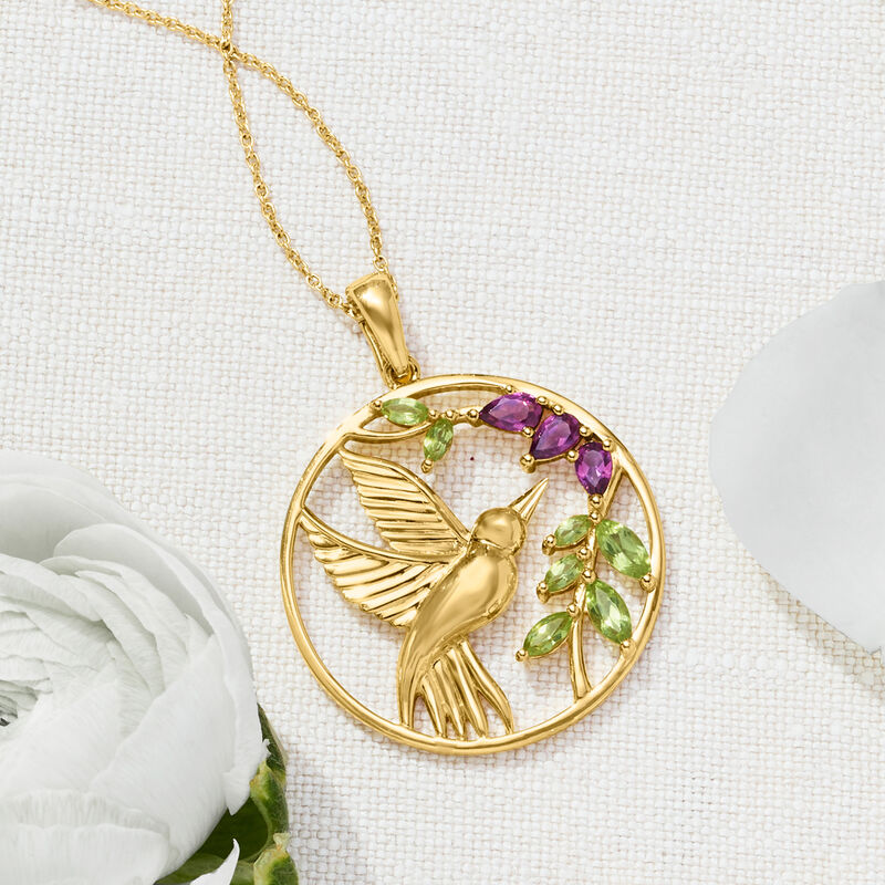 .90 ct. t.w. Peridot and .60 ct. t.w. Rhodolite Garnet Hummingbird Pendant Necklace in 18kt Gold Over Sterling. 18&quot; image number 2