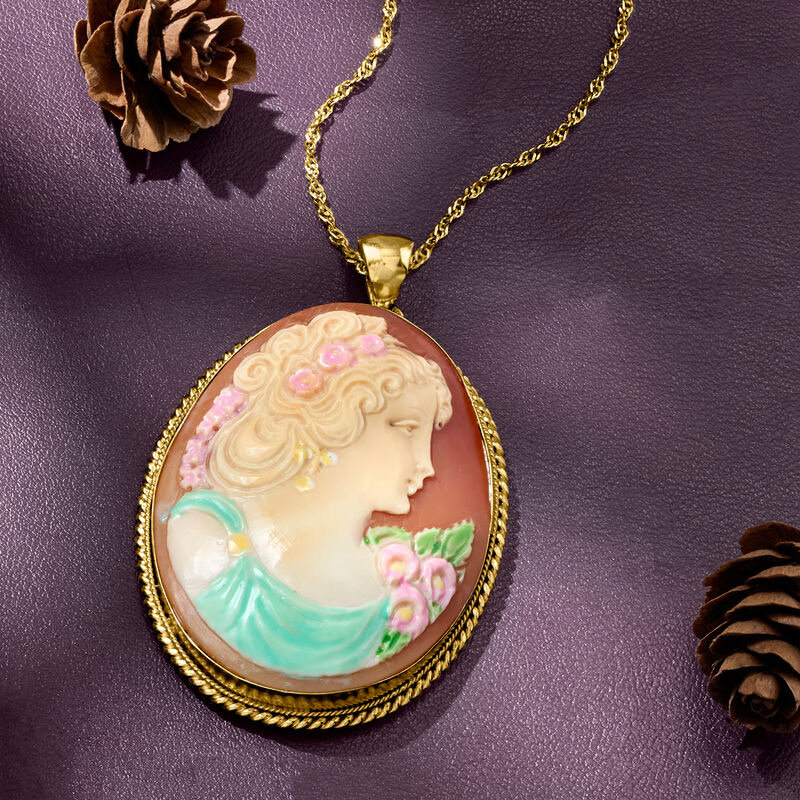 Italian Orange Shell Cameo Pendant Necklace with Multicolored Enamel in 18kt Gold Over Sterling image number 4
