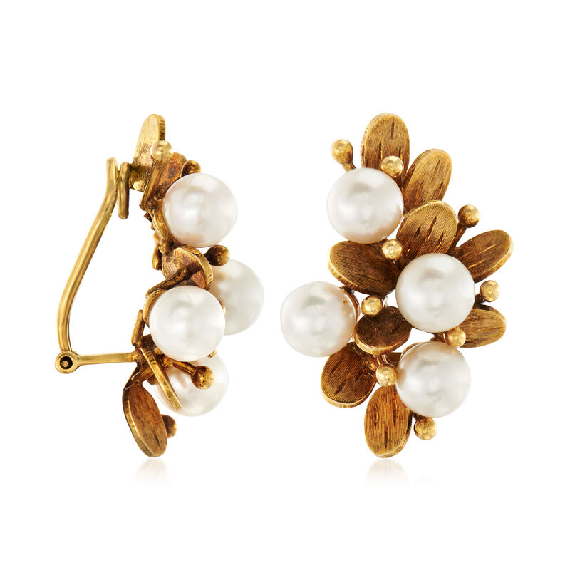 C. 1970 Vintage 6mm Cultured Pearl Floral Clip-On Earrings in 14kt Yellow Gold image number 2