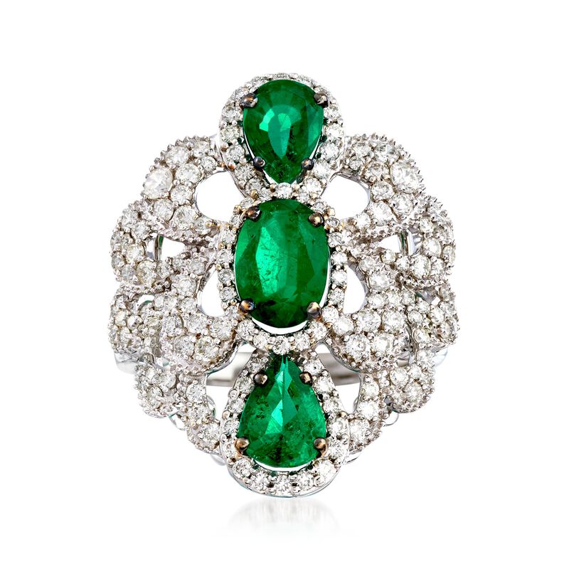 2.20 ct. t.w. Emerald and 1.15 ct. t.w. Diamond Scalloped Ring in 18kt White Gold image number 0