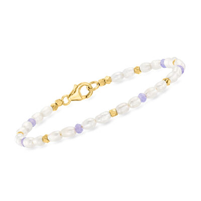 3x5mm Cultured Pearl and 1.20 ct. t.w. Tanzanite Bead Station Bracelet with 18kt Gold Over Sterling
