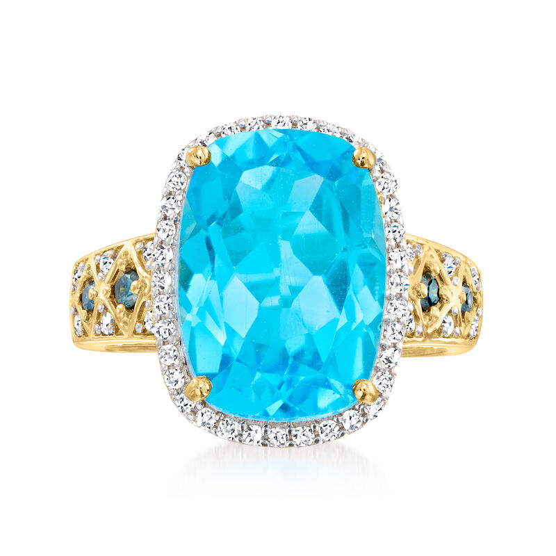 8.00 Carat Swiss Blue Topaz Ring with .34 ct. t.w. Blue and White Diamonds in 14kt Yellow Gold image number 0