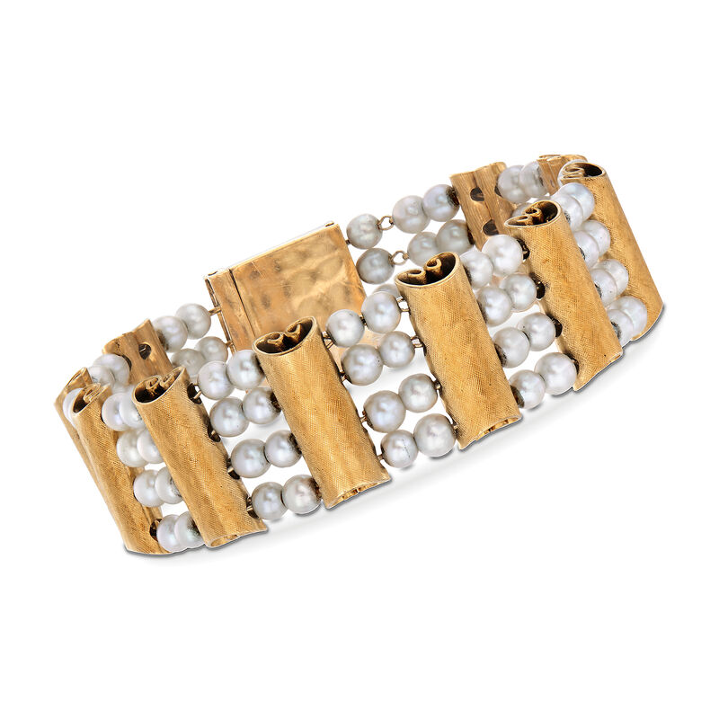 C. 1970 Vintage Luciene Piccard 4mm Cultured Pearl and 14kt Yellow Gold Scroll Bracelet image number 0