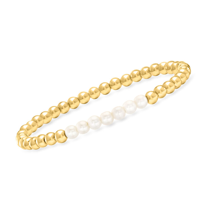 4-4.5mm Cultured Pearl and 18kt Gold Vermeil Bead Stretch Bracelet. 8&quot; image number 0