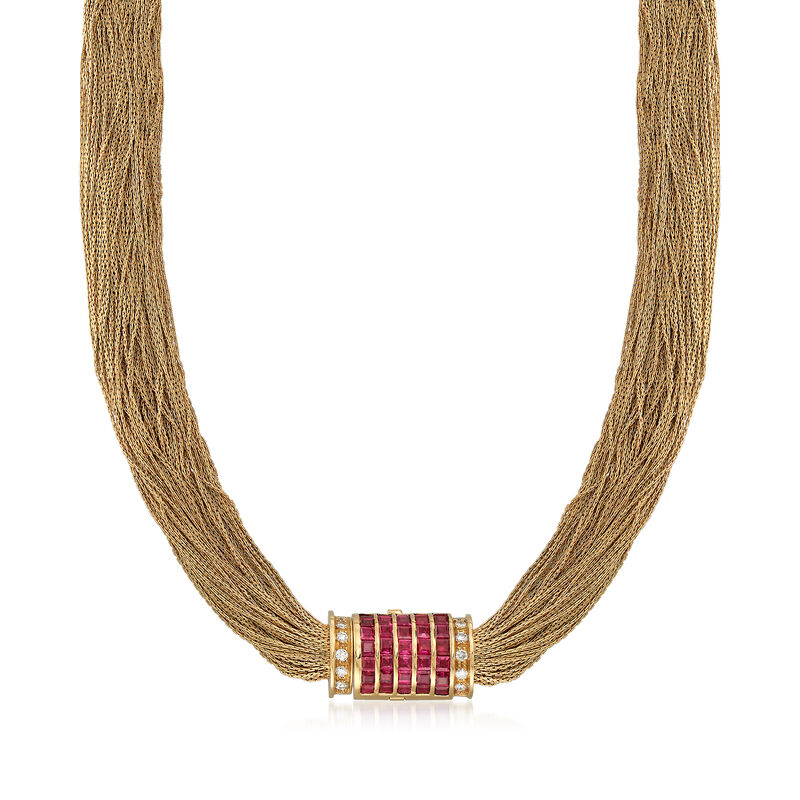 C. 1980 Vintage 18kt Yellow Gold Multi-Strand Necklace with 6.30 ct. t.w. Ruby and .50 ct. t.w. Diamond Clasp in 18kt Gold. 16&quot; image number 1
