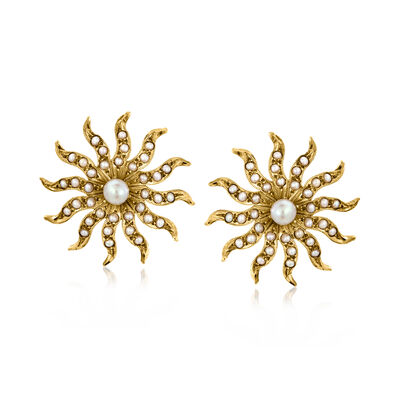 C. 1960 Vintage Cultured Pearl Starburst Earrings in 14kt Yellow Gold