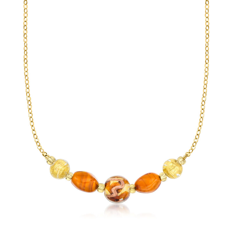Italian Brown and Orange Murano Glass Bead Necklace in 18kt Gold Over Sterling. 18" image number 1