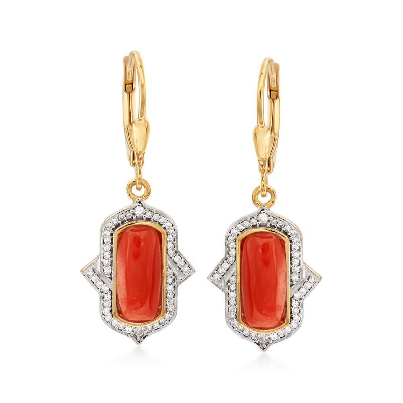 Red Coral and .35 ct. t.w. Diamond Drop Earrings in 18kt Gold Over Sterling image number 0