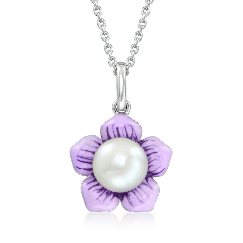 7.5-8mm Cultured Pearl and Purple Enamel Flower Pendant Necklace in Sterling Silver. 18&quot; image number 1