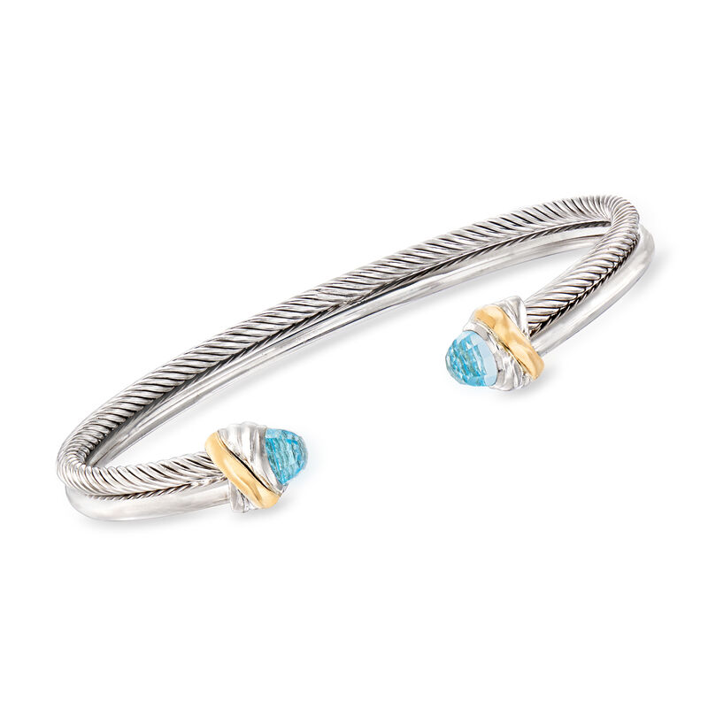 Phillip Gavriel &quot;Italian Cable&quot; .80 ct. t.w. Blue Topaz Cuff Bracelet in Sterling Silver and 18kt Yellow Gold. 7.5&quot; image number 0