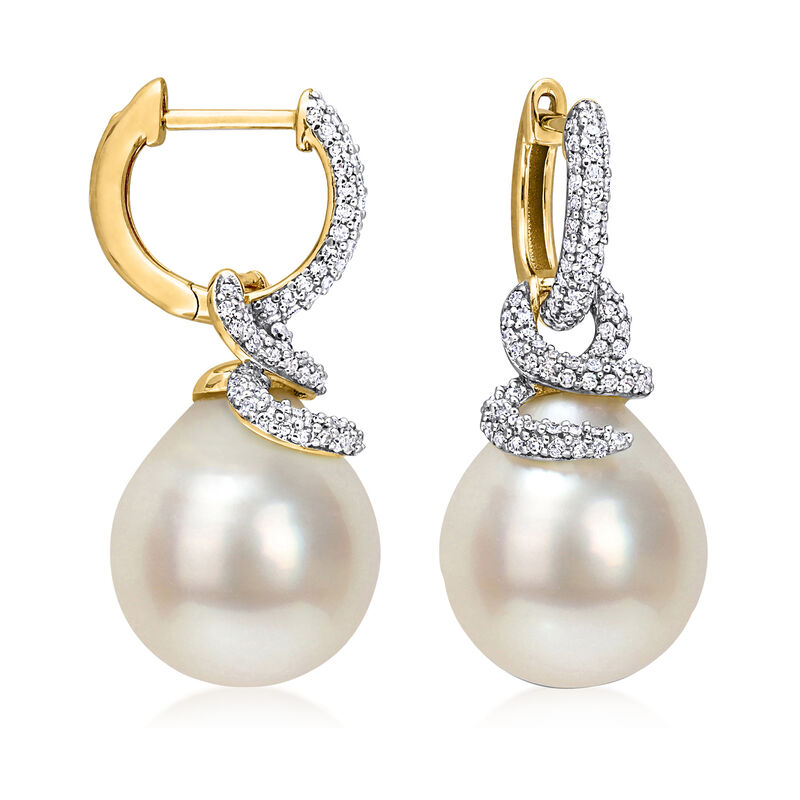 10-11mm Cultured South Sea Pearl and .50 ct. t.w. Diamond Coiled Drop Earrings in 14kt Yellow Gold  image number 1