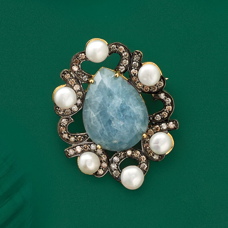 5mm Cultured Pearl, 10.00 Carat Aquamarine and 1.00 ct. t.w. Diamond Pin in 18kt Yellow Gold Over Sterling image number 2