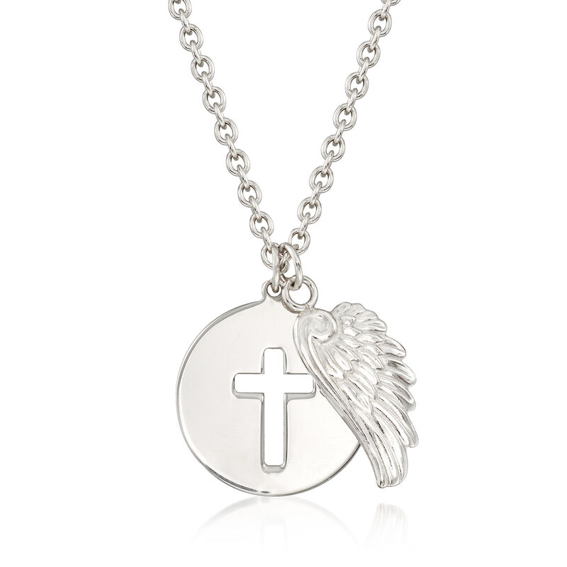 Italian Sterling Silver Cross and Angel Wing Necklace image number 0