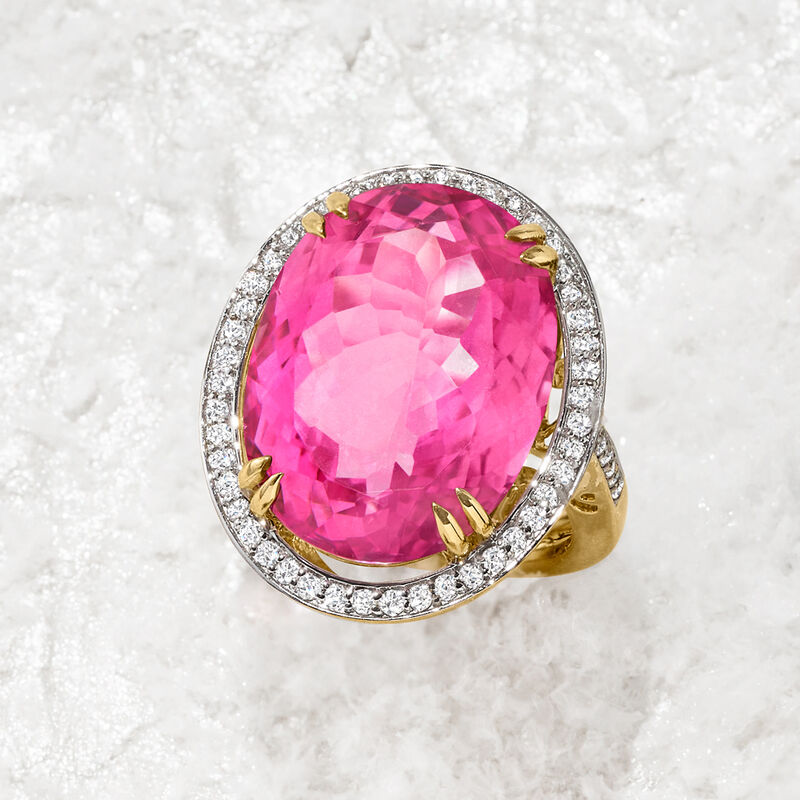 20.00 Carat Pink Topaz and .52 ct. t.w. Diamond Ring in 14kt Yellow Gold image number 6