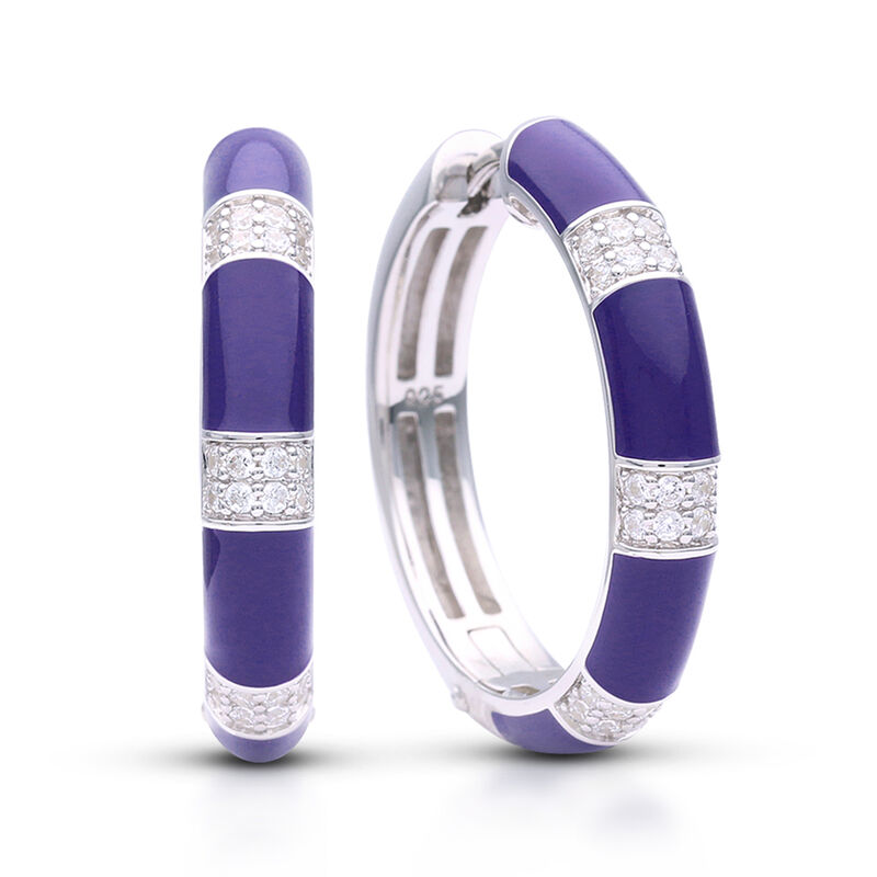 Belle Etoile &quot;Barre&quot; Blue Enamel and .40 ct. t.w. CZ Omega Earrings in Sterling Silver image number 0