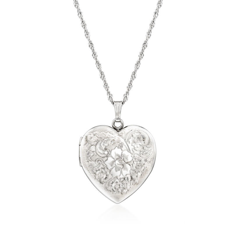 Sterling Silver Personalized Floral Heart Locket Necklace image number 0