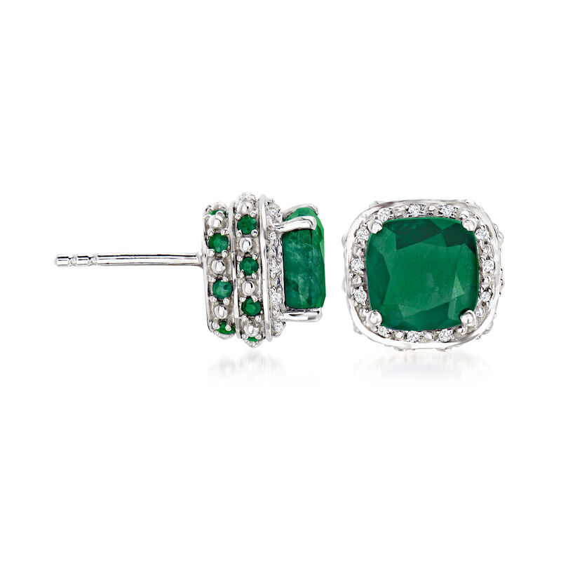 4.60 ct. t.w. Emerald and .10 ct. t.w. White Topaz Stud Earrings in Sterling Silver image number 2