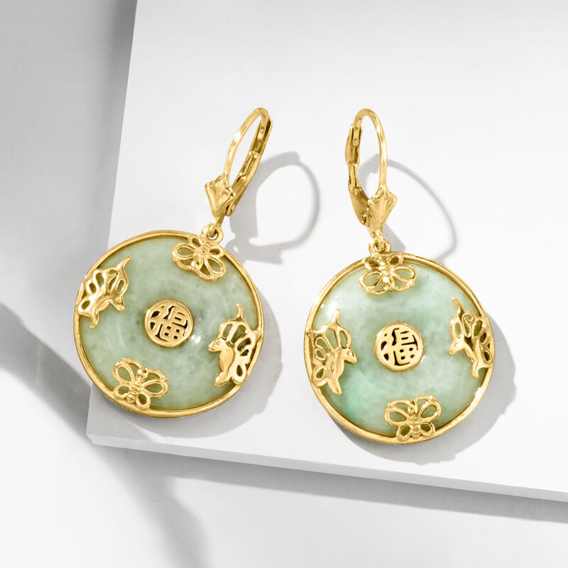 Jade &quot;Good Fortune&quot; Butterfly Drop Earrings in 18kt Gold Over Sterling image number 4