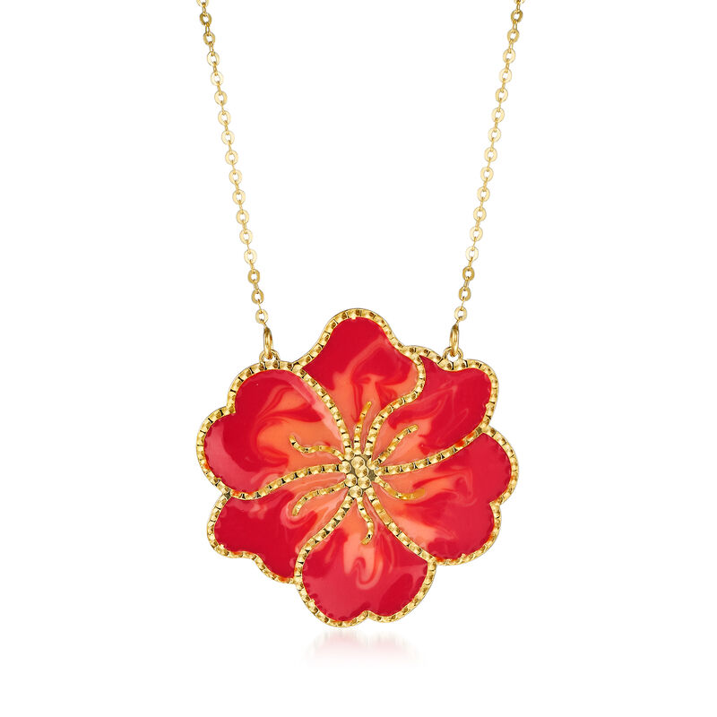 Italian Orange Enamel Flower Necklace in 14kt Yellow Gold image number 0