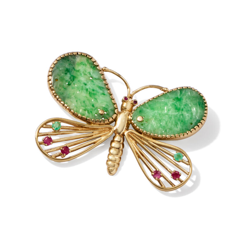 C. 1960 Vintage Jade Butterfly Pin with .55 ct. t.w. Rubies and .20 ct. t.w. Emeralds in 14kt Yellow Gold  image number 2
