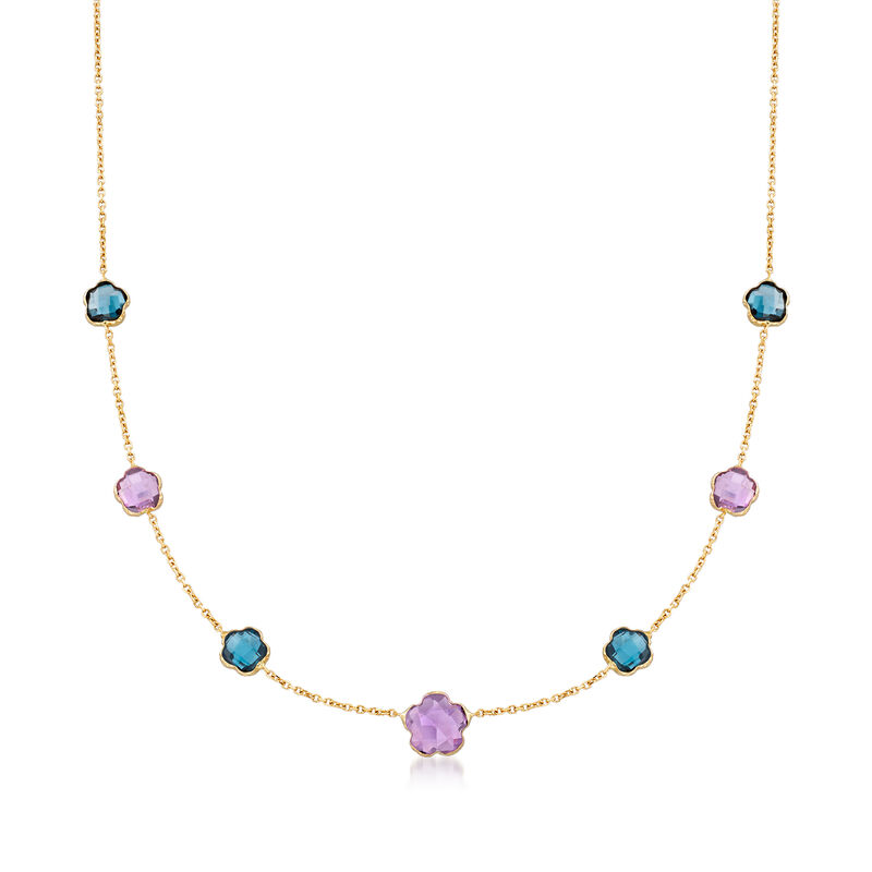 Italian 6.10 ct. t.w. Amethyst and London Blue Topaz Clover Station Necklace in 14kt Yellow Gold image number 0