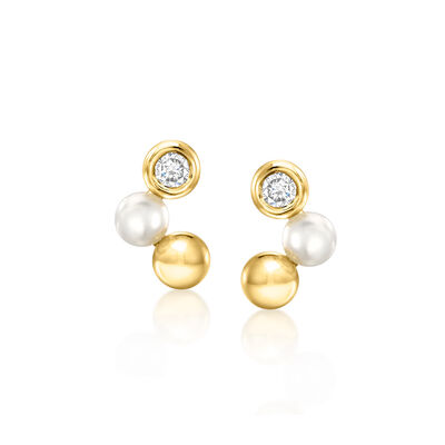 3-3.5mm Cultured Pearl and .11 ct. t.w. Lab-Grown Diamond Bead Earrings in 18kt Gold Over Sterling