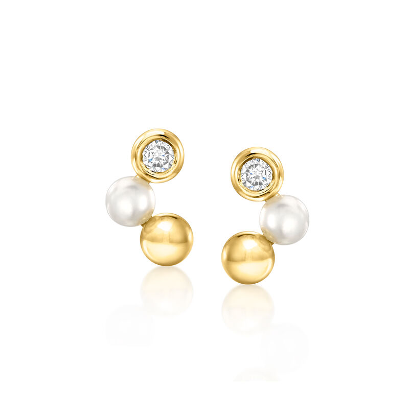 3-3.5mm Cultured Pearl and .11 ct. t.w. Lab-Grown Diamond Bead Earrings in 18kt Gold Over Sterling image number 0