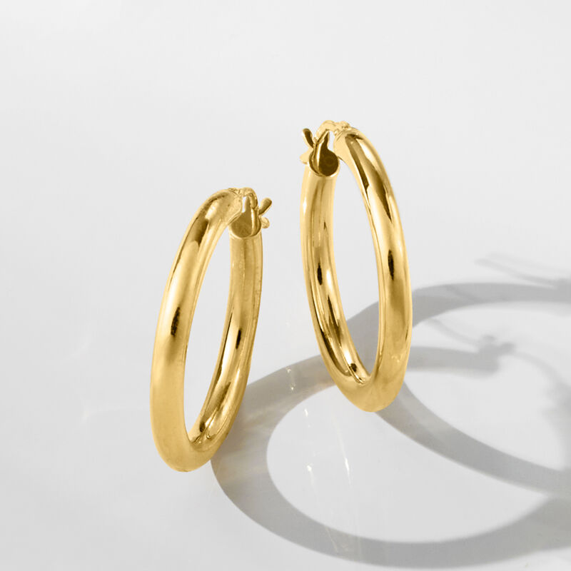 Italian 3mm 18kt Yellow Gold Hoop Earrings. 1&quot; image number 4