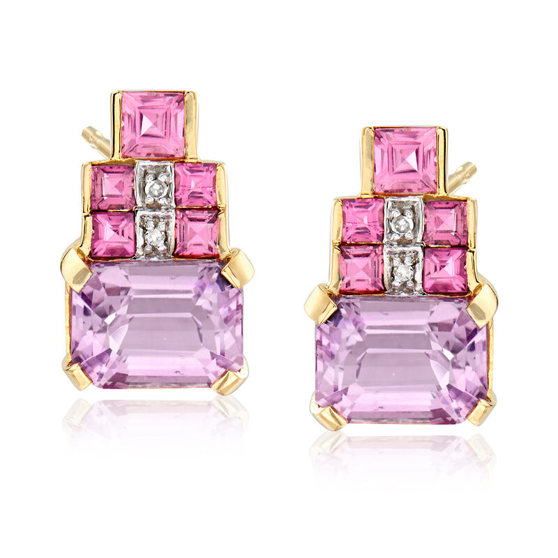 4.00 ct. t.w. Kunzite and .90 ct. t.w. Tourmaline Earrings in 14kt Yellow Gold image number 0