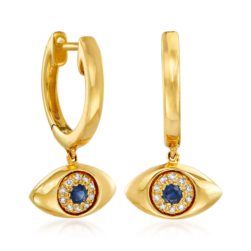 .10 ct. t.w. Sapphire Evil Eye Drop Earrings with Diamond Accents in 14kt Yellow Gold image number 2