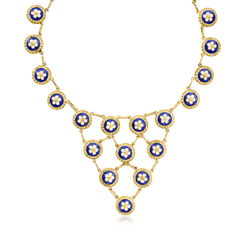 C. 1990 Vintage Blue and White Enamel Flower Disc Bib Necklace in 20kt Yellow Gold. 14" image number 2