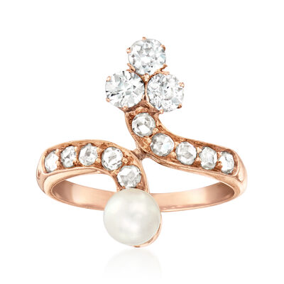 C. 1980 Vintage 5mm Cultured Pearl and .66 ct. t.w. Diamond Bypass Ring in 18kt Rose Gold