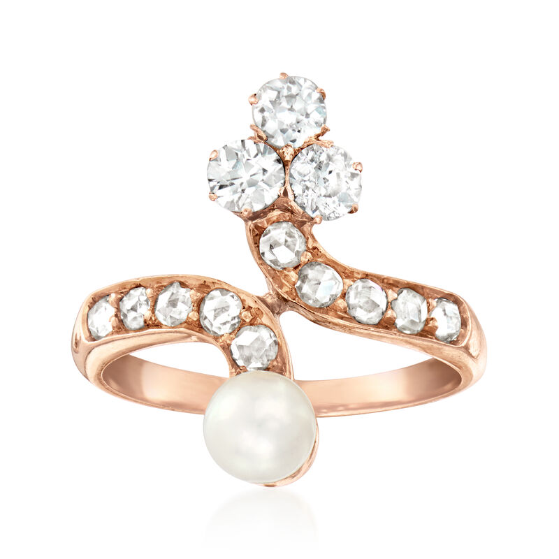C. 1980 Vintage 5mm Cultured Pearl and .66 ct. t.w. Diamond Bypass Ring in 18kt Rose Gold. Size 6.25 image number 0