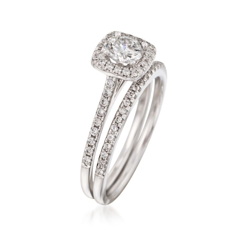 .86 ct. t.w. Diamond Bridal Set: Square Halo Engagement and Wedding Rings in 14kt White Gold image number 2