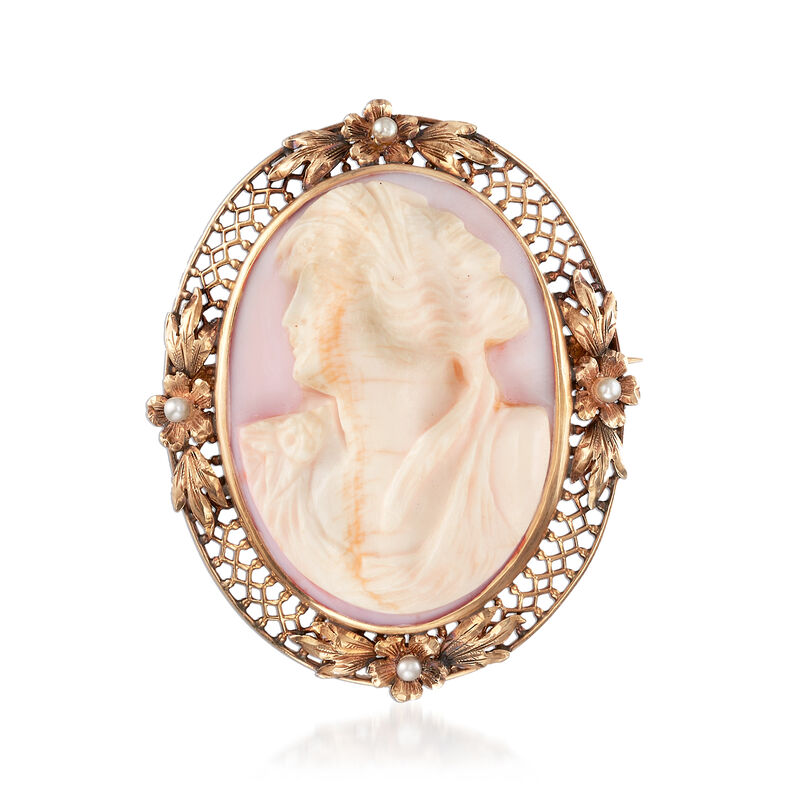C. 1940 Vintage Agate Cameo and Cultured Pearl Pin in 14kt Yellow Gold image number 0