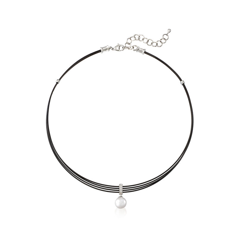 ALOR Black &quot;Noir&quot; Cultured Pearl Stainless Steel Cable Pendant Necklace with 18kt White Gold. 13&quot; image number 1