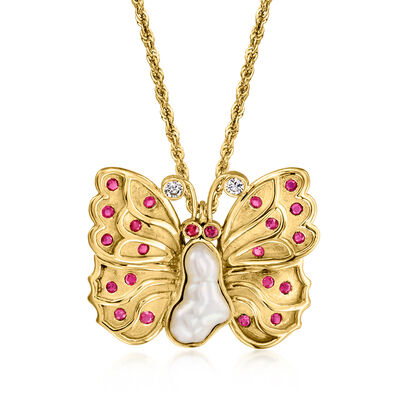 C. 1980 Vintage 15x7mm Cultured Baroque Pearl, .75 ct. t.w. Ruby and .15 ct. t.w. Diamond Butterfly Pendant Necklace in 18kt Yellow Gold