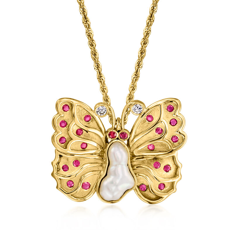 C. 1980 Vintage 15x7mm Cultured Baroque Pearl, .75 ct. t.w. Ruby and .15 ct. t.w. Diamond Butterfly Pendant Necklace in 18kt Yellow Gold. 18" image number 0