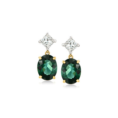 C. 1990 Vintage 4.50 ct. t.w. Green Tourmaline Drop Earrings with 1.00 ct. t.w. Diamonds in 14kt Two-Tone Gold