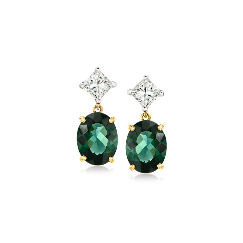 C. 1990 Vintage 4.50 ct. t.w. Green Tourmaline Drop Earrings with 1.00 ct. t.w. Diamonds in 14kt Two-Tone Gold image number 0