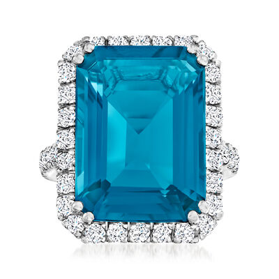 19.00 Carat London Blue Topaz Ring with 1.20 ct. t.w. Diamonds in 14kt White Gold