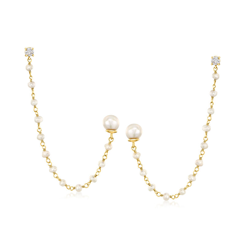3-7.5mm Cultured Pearl and .40 ct. t.w. CZ Double-Piercing Earrings in 18kt Gold Over Sterling image number 0