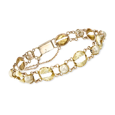 C. 1980 Vintage 6mm Cultured Pearl Leaf Link Bracelet in 14kt Yellow Gold
